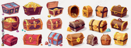 Animation of a treasure chest. Gold money and treasurer's locker opening animation, png illustration of ancient wood case for games.