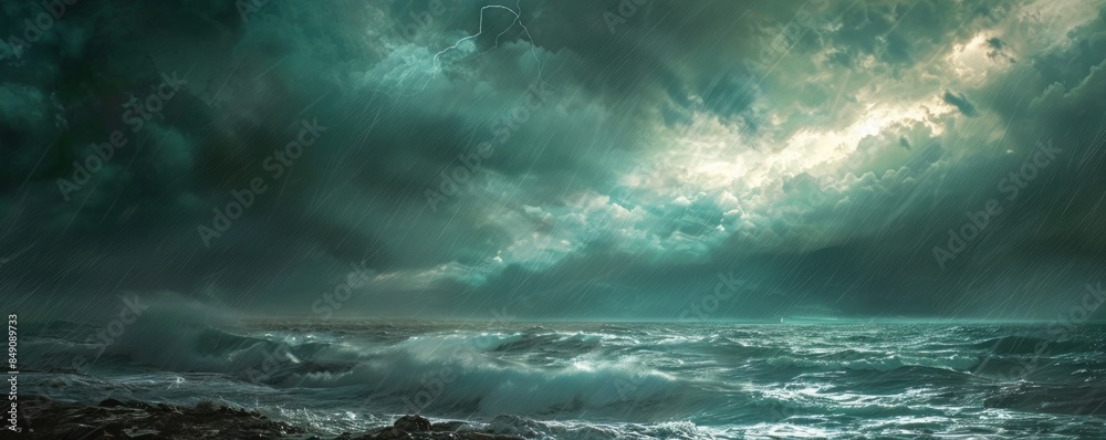Dramatic stormy sky over a turbulent ocean, capturing the power and intensity of nature's fury. Dramatic stormy sky over a turbulent ocean, capturing the power and intensity of nature's fury.