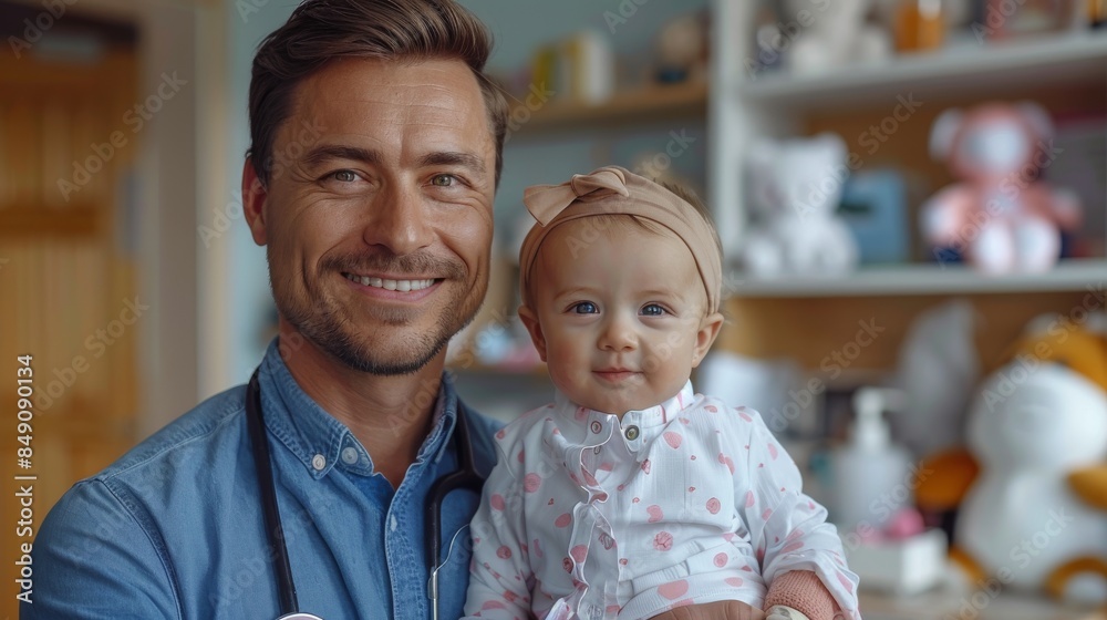 Handsome father with a warm smile holding his adorable baby girl at home, surrounded by toys Handsome father with a warm smile holding his adorable baby girl at home, surrounded by toys