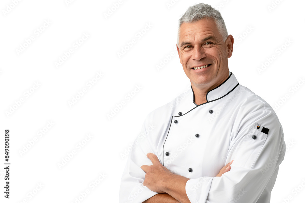 Smiling Senior Chef in White Uniform on White Background Smiling Senior Chef in White Uniform on White Background