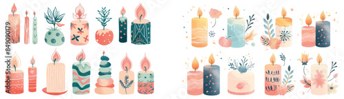 Various wax paraffin spa treatments burning fire scented holiday beauty saloon illustration isolated on white background.