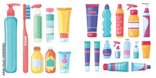 The concept of dental teeth care cartoon is illustrated on a white background with toothpaste brush lotion floss rinse liquid oral products.