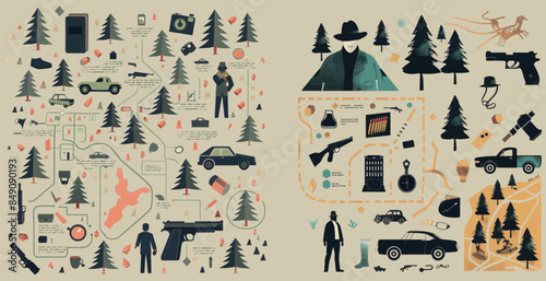A detective board cartoon doodle with modern concepts. A murder map route leads arms suspects to a car location, notes police bandits and informers on a white background.