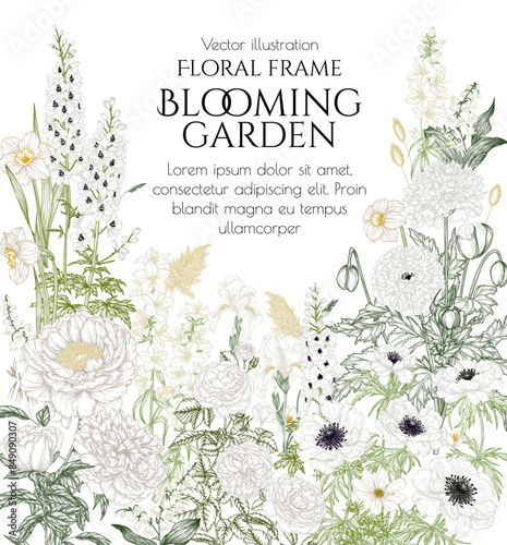 Vector frame of flowers. Delphinium, decorative poppy, peony, rose, iris, campanula, cosmos, daffodils, lilies of the valley, anemones