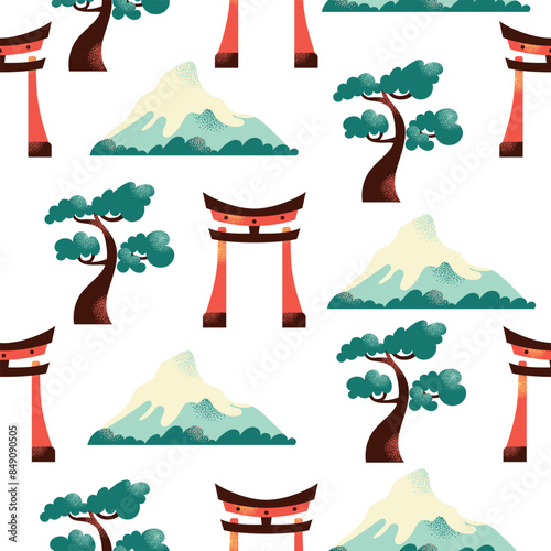 Japanese art and culture seamless pattern. Set of Japanese travel. Symbols of the island. Various sights and famous elements. Pagoda architecture, maneki neko toy. National traditional illustration