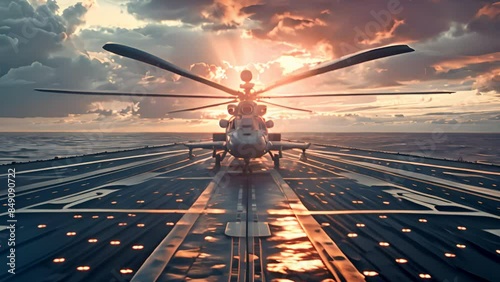 Anti-submarine helicopter on the flight deck of an aircraft carrier photo