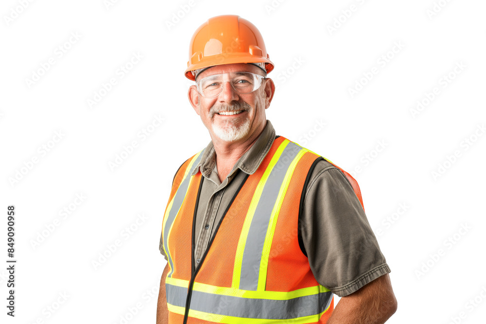 Smiling Senior Construction Worker in Orange Safety Vest and Hard Hat on White Background Smiling Senior Construction Worker in Orange Safety Vest and Hard Hat on White Background