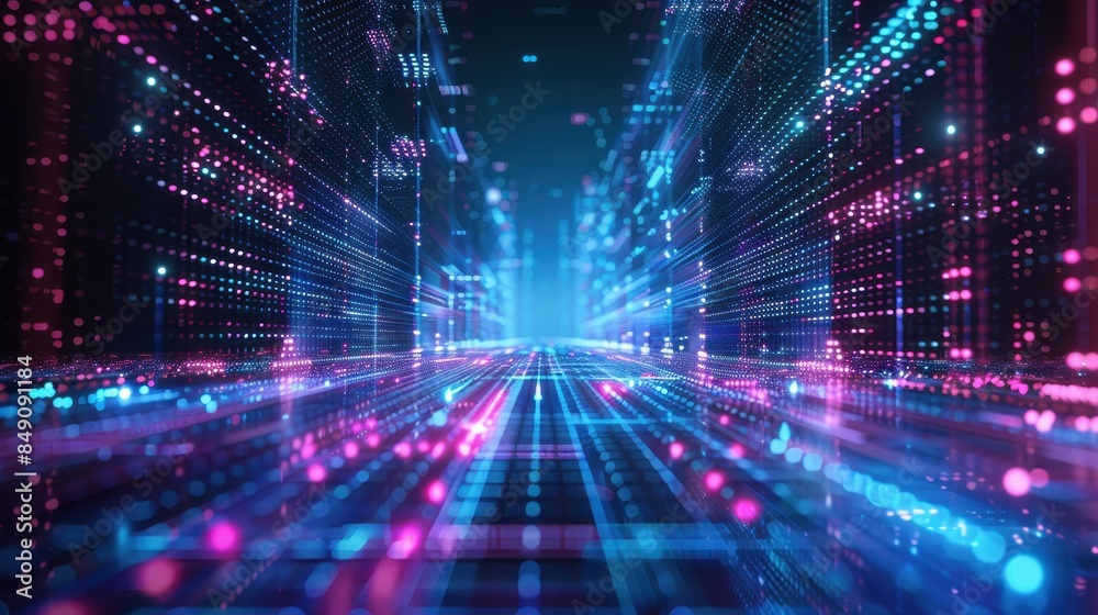 Abstract representation of a digital data highway with neon pink and blue lights, creating a sense of speed and technology. Abstract representation of a digital data highway with neon pink and blue lights, creating a sense of speed and technology.