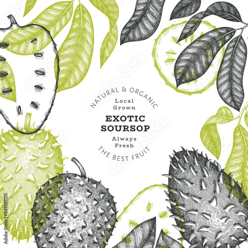 Hand drawn sketch style soursop fruit banner. Organic fresh fruit vector illustration. Retro guanabana design template