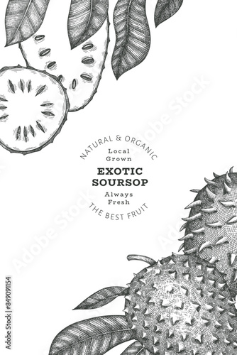 Hand drawn sketch style soursop fruit banner. Organic fresh fruit vector illustration. Retro guanabana design template