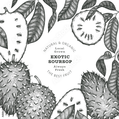 Hand drawn sketch style soursop fruit banner. Organic fresh fruit vector illustration. Retro guanabana design template