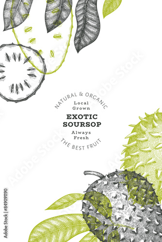 Hand drawn sketch style soursop fruit banner. Organic fresh fruit vector illustration. Retro guanabana design template