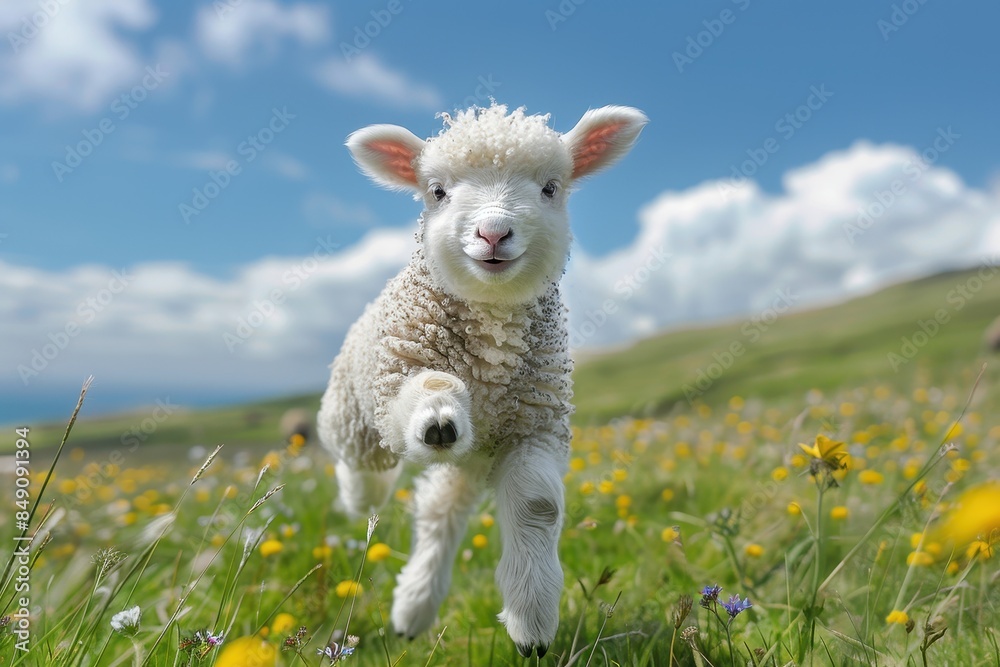 Fototapeta premium Baby Lamb: A fluffy white lamb, frolicking in a green pasture under a bright blue sky. 