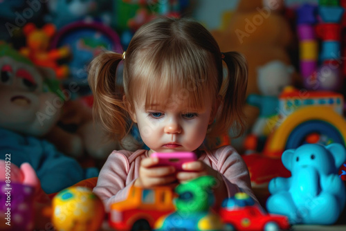 Toddler girl looks at the phone against the background of toys in the children's room. Gadget addiction among modern children.