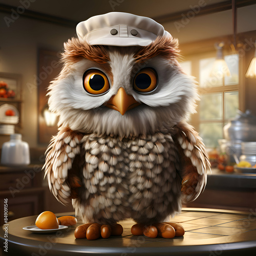 Owl in the kitchen. 3d render. . photo
