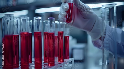 A closeup shot of the hands in white gloves holding test tubes filled with red liquid, surrounded by other test tube columns on laboratory shelves.