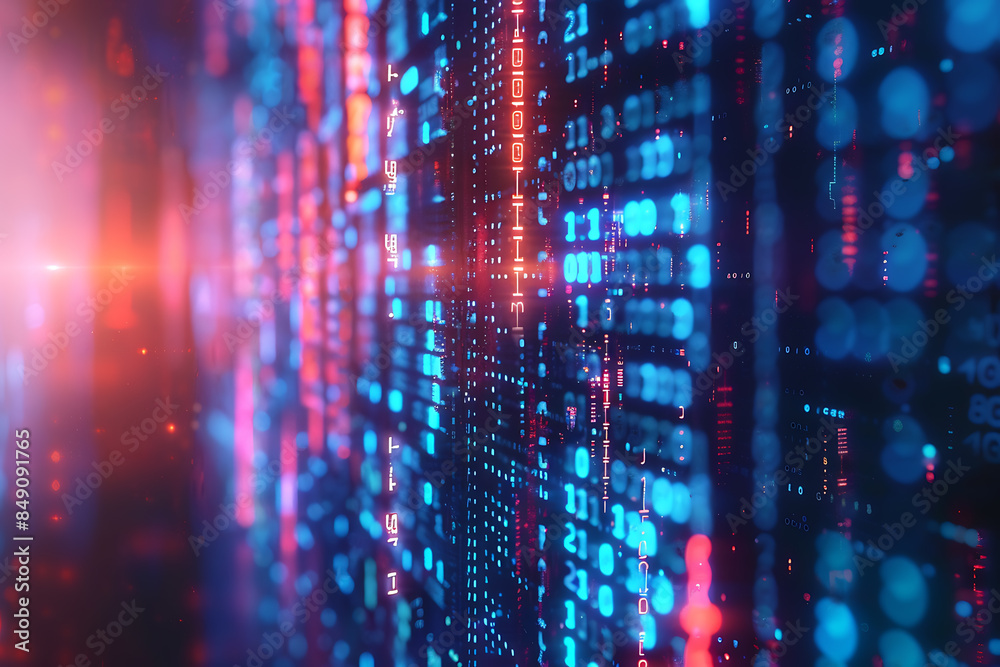 Obraz premium different cryptocurrency coins against a tech binary abstract background, combining digital currency symbols with streams of binary code, showcasing the intersection of technology and finance