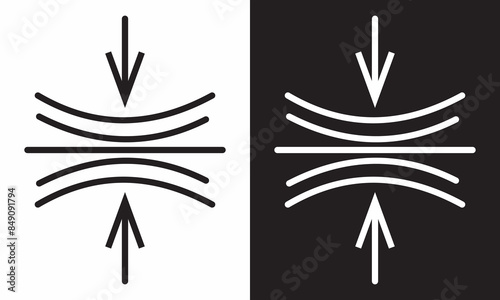 Compress icon set. pressure suspension bounce vector symbol. push shrink sign. flexible elastic symbol. reduce shock icon in black filled and outlined.  isolated on white and black background. EPS 10.