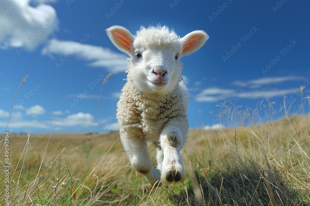 Obraz premium Baby Lamb: A fluffy white lamb, frolicking in a green pasture under a bright blue sky. 