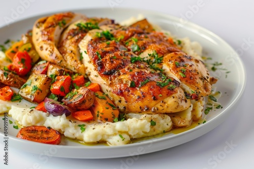 Delicious Aunt Sue's Chicken with Creamy Mashed Potatoes and Roasted Vegetables