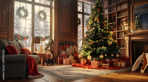 Christmas Tree Decorating Tradition Design a festive living room scene with families decorating their Christmas tree,