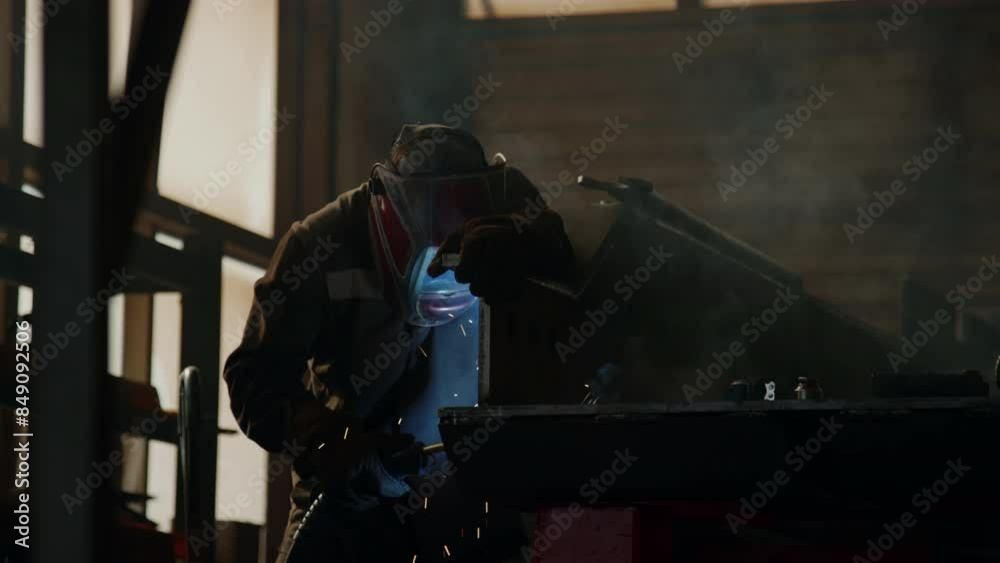 Professional welder in safety mask using blow torch while welding metal at workbench in industrial factory Professional welder in safety mask using blow torch while welding metal at workbench in industrial factory