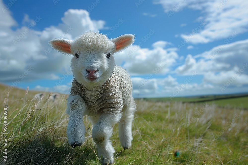 Baby Lamb: A fluffy white lamb, frolicking in a green pasture under a bright blue sky. 