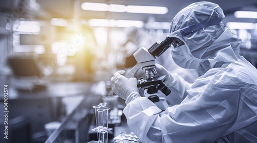 Dedicated Scientist in Protective Gear Conducting Medical Research with Microscopes and Test Tubes in Advanced Laboratory, Symbolizing Innovation and Scientific Exploration