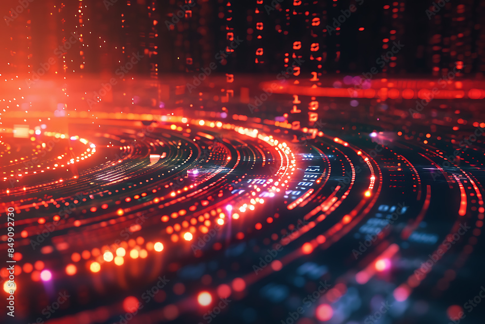 different cryptocurrency coins against a tech binary abstract background, combining digital currency symbols with streams of binary code, showcasing the intersection of technology and finance