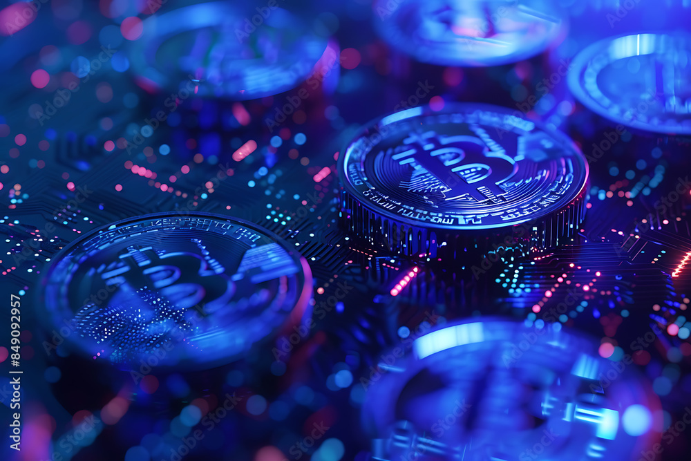 different cryptocurrency coins against a tech binary abstract background, combining digital currency symbols with streams of binary code, showcasing the intersection of technology and finance