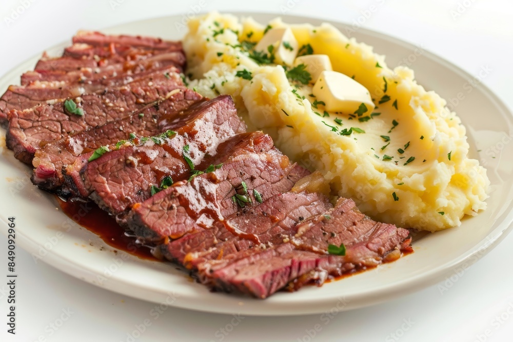 Flavorful BBQ Corned Beef and Cabbage Platter with Tangy Braised Cabbage and Buttery Mashed Potatoes Flavorful BBQ Corned Beef and Cabbage Platter with Tangy Braised Cabbage and Buttery Mashed Potatoes