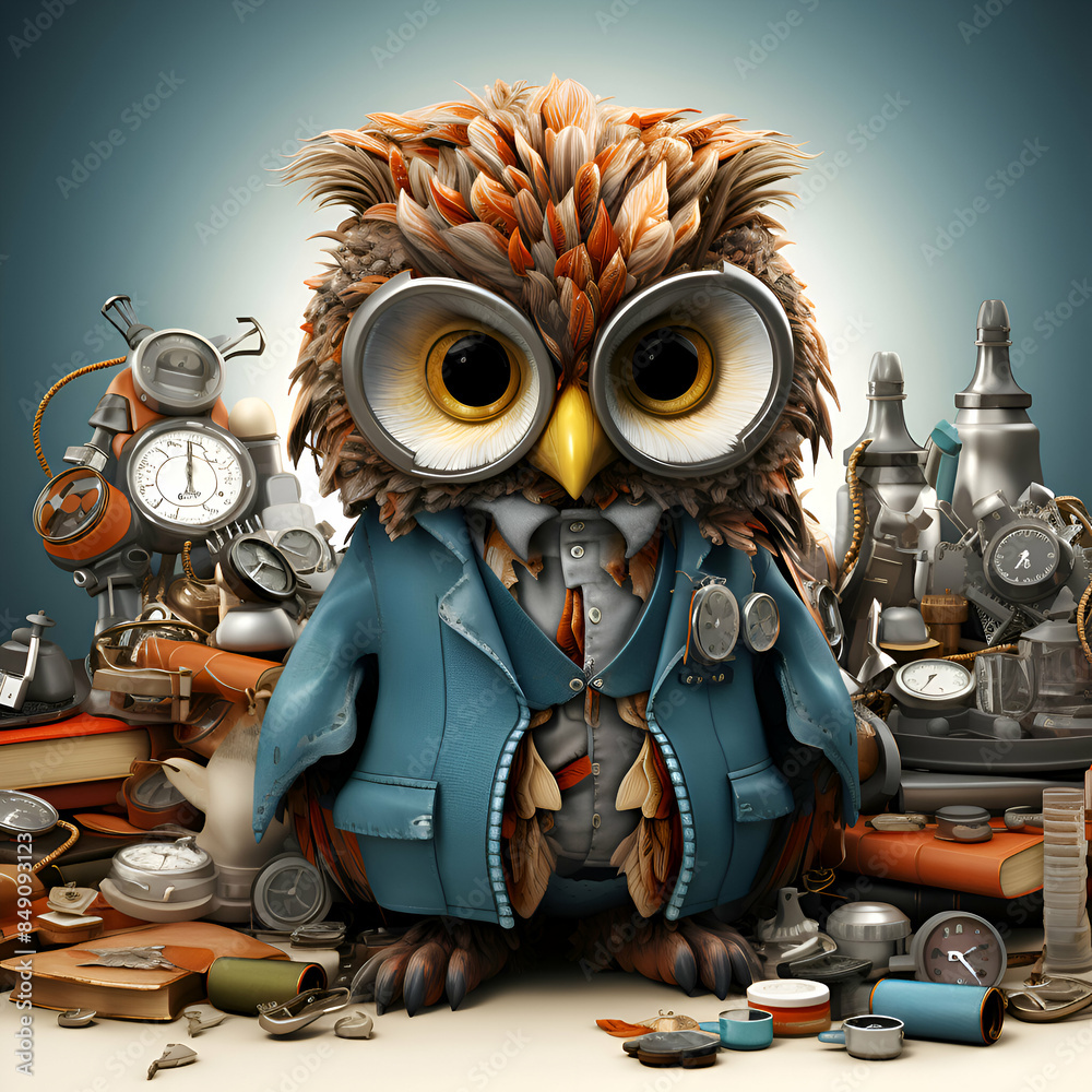 Cute owl in a blue jacket sitting on a lot of old things Cute owl in a blue jacket sitting on a lot of old things