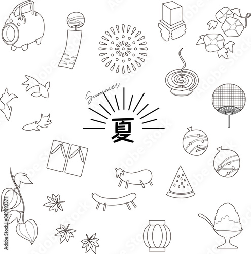 和風の夏素材のぬりえイラストセット