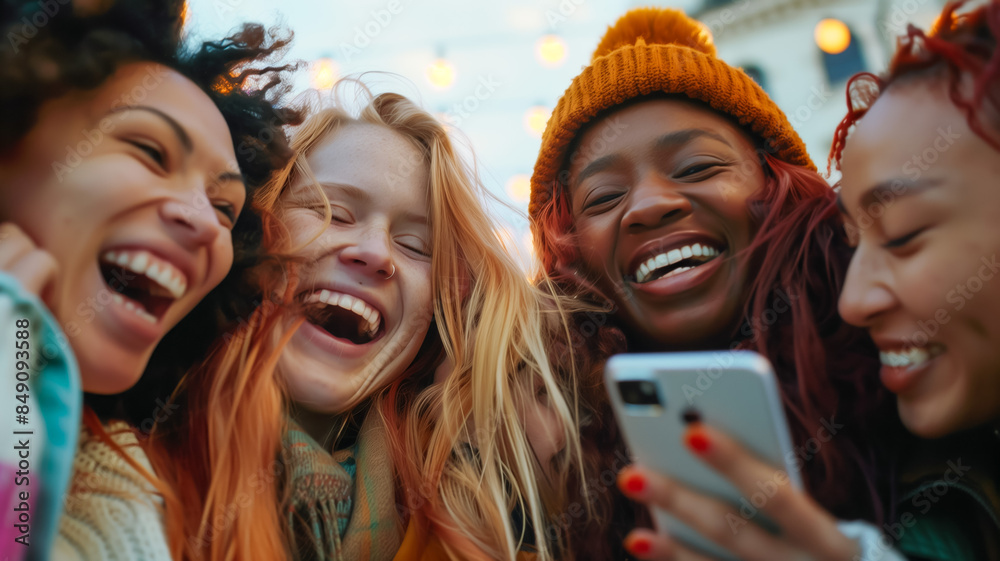 Naklejka premium Diverse group of friends laughing together outdoors