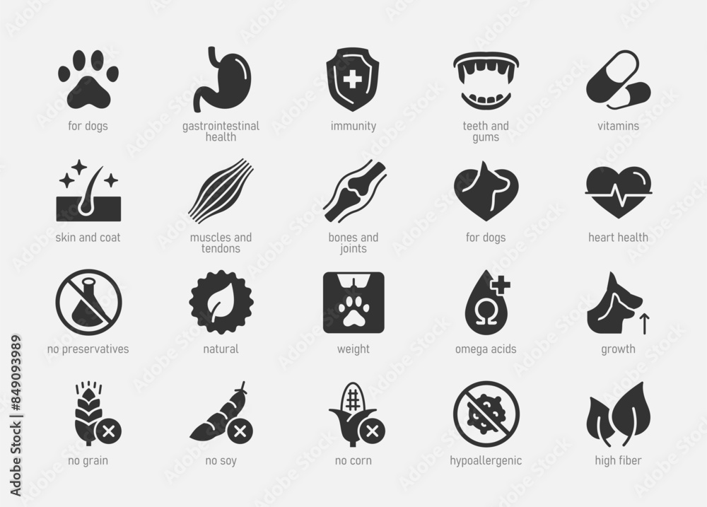 Dog Food Properties Vector Icon Set in Glyph Style Dog Food Properties Vector Icon Set in Glyph Style