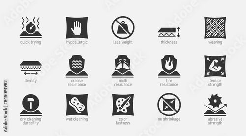 Fabric Properties and Characteristics Vector Icon Set In Glyph Style.