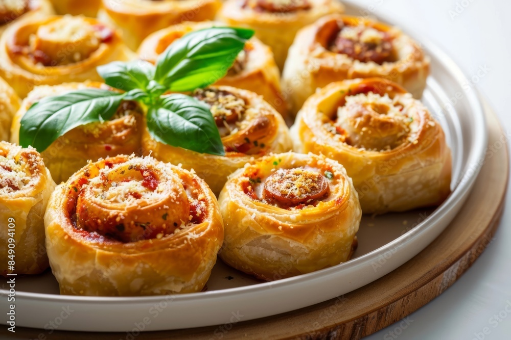 Tantalizing Party Sausage Pizza Rolls on Rustic Wooden Board Tantalizing Party Sausage Pizza Rolls on Rustic Wooden Board