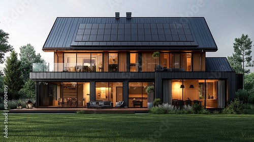 Eco Friendly Log Cabin: Solar Panels Transforming Tradition Visualize a Scandinavian style house