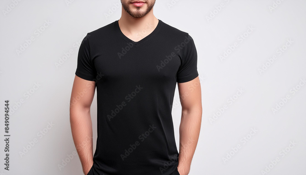 Close-up of male view in black T-shirt on white background, mock up. Man clothes. Close-up of male view in black T-shirt on white background, mock up. Man clothes.