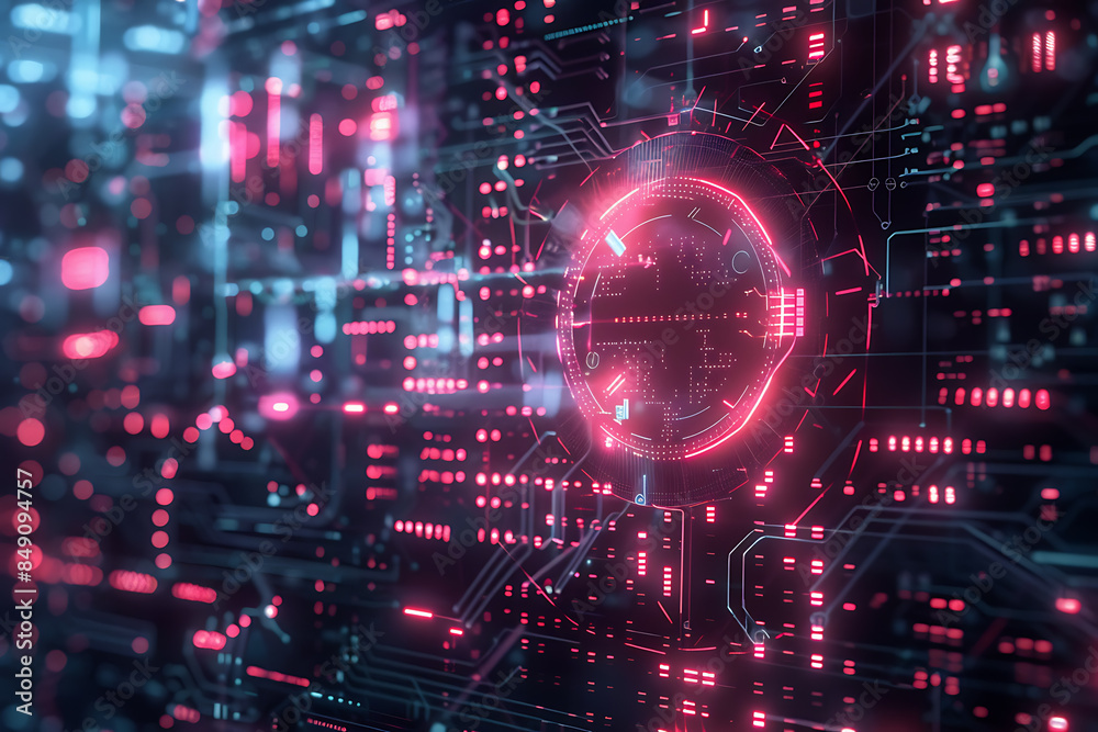 Fototapeta premium different cryptocurrency coins against a tech binary abstract background, combining digital currency symbols with streams of binary code, showcasing the intersection of technology and finance