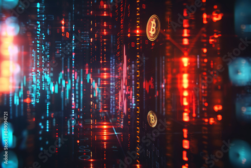   different cryptocurrency coins against a tech binary abstract background, combining digital currency symbols with streams of binary code, showcasing the intersection of technology and finance © Evhen Pylypchuk