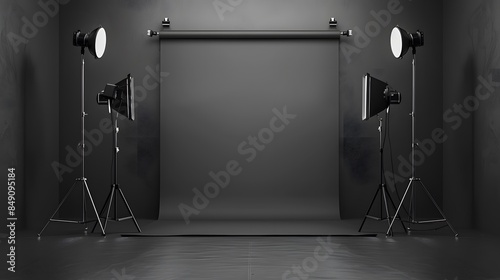 A photo studio with a gray background and lighting equipment. The room is empty, illuminated by spotlights that create soft shadows on the wall.