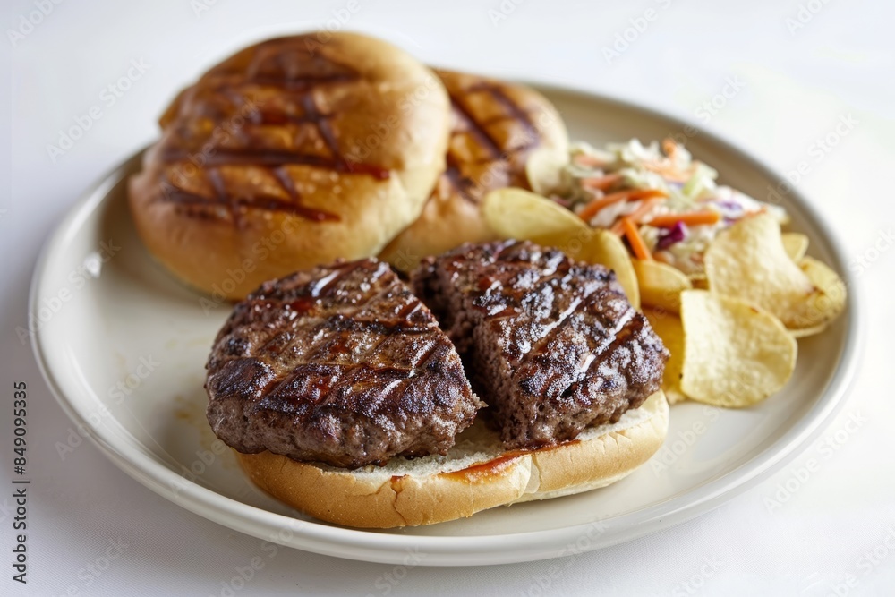 Scrumptious BBQ Burgers Served on Hamburger Buns with Coleslaw Scrumptious BBQ Burgers Served on Hamburger Buns with Coleslaw
