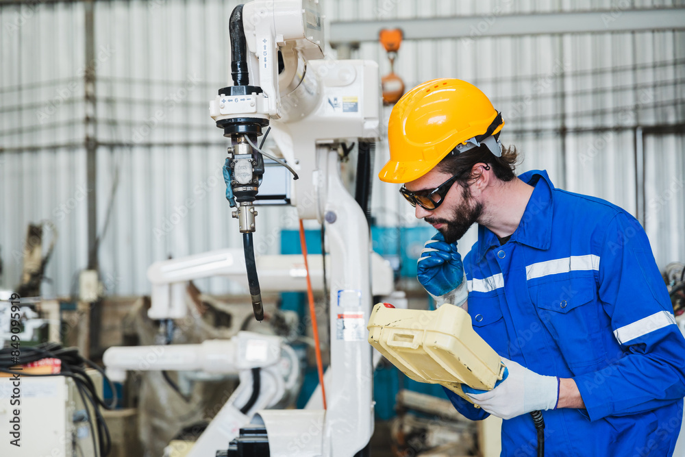 engineer controlling robot arm at factory. checking the operation of robot arm. Technology, automation, innovation and engineering concept. engineer controlling robot arm at factory. checking the operation of robot arm. Technology, automation, innovation and engineering concept.