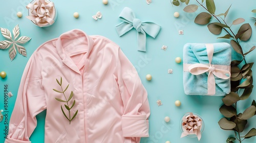 Flat lay composition with beautiful pajamas on color background photo