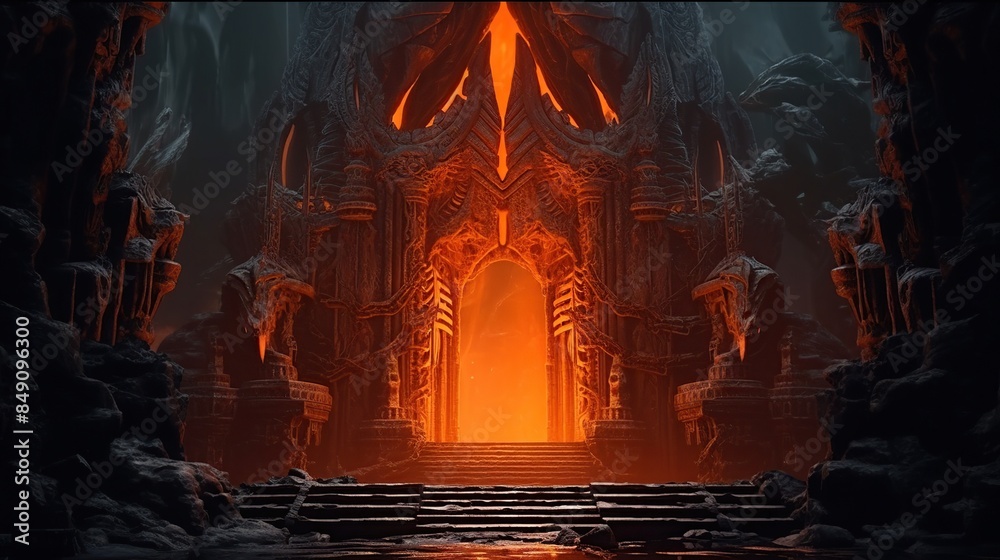 Obraz premium Mystical dungeon with a gate in the rock and burning torches. Night scene of a monochrome game