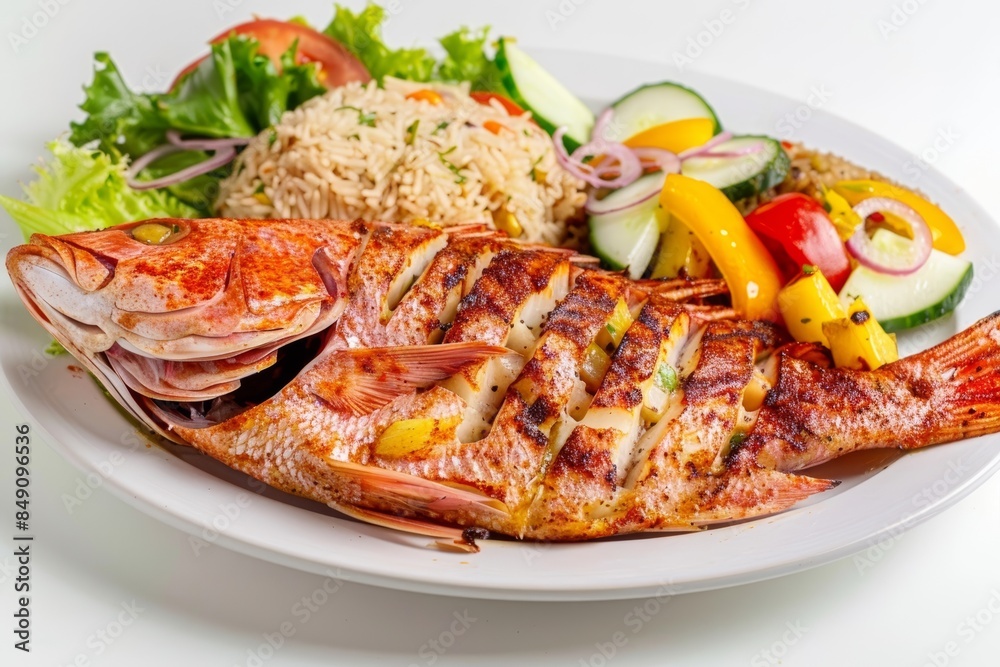 BBQ Snapper Fillet with an Appetizing and Attractive Appearance served with Salad, Grilled Vegetables, and Salsa BBQ Snapper Fillet with an Appetizing and Attractive Appearance served with Salad, Grilled Vegetables, and Salsa