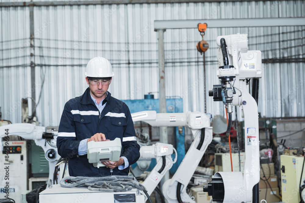 engineer controlling robot arm at factory. checking the operation of robot arm. Technology, automation, innovation and engineering concept. engineer controlling robot arm at factory. checking the operation of robot arm. Technology, automation, innovation and engineering concept.