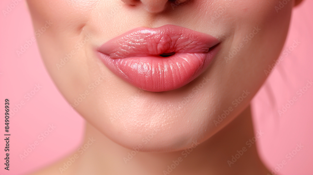 Fototapeta premium A beautiful woman's lips, showcasing their slender shape and smooth texture. Zooms in to highlight the natural moisture and intricate details of her lips. Her lips have a healthy