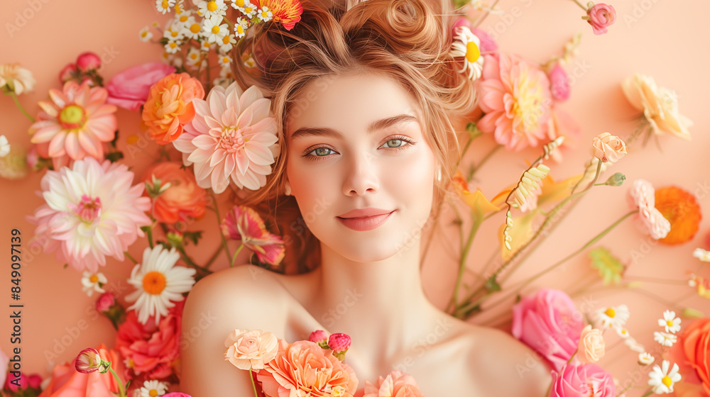 A beautiful She is wearing a dress made from a variety of fresh flowers, intricately arranged to highlight their natural beauty and creativity A beautiful She is wearing a dress made from a variety of fresh flowers, intricately arranged to highlight their natural beauty and creativity